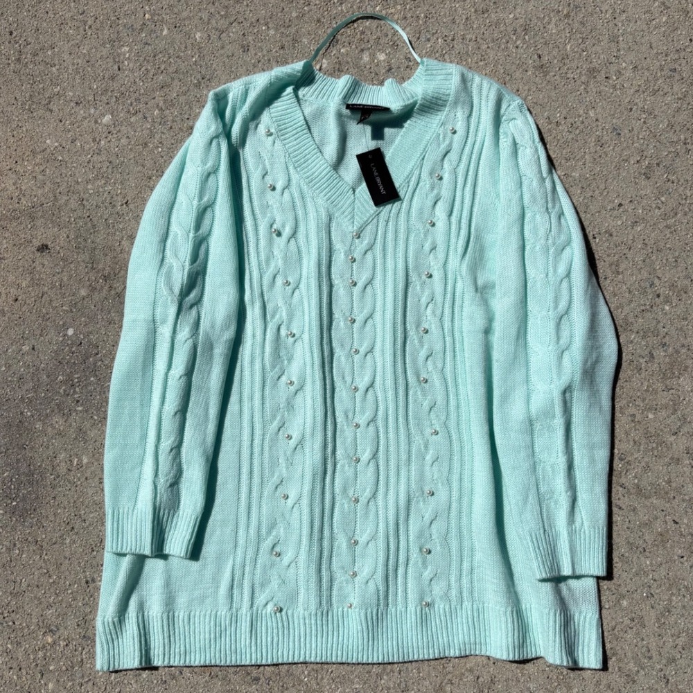 Lane Bryant Mint Green Cable Knit Pearl V-Neck Sweater Womens Size 22/24 NEW